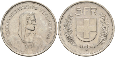 Швейцария 5 франков 1968 В, первый год KM 40а.1 медно-никель  4149-415