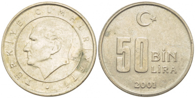 Турция 50000 лир 2001 Мустафа Кемаль Ататюрк KM 1105 медь никель цинк UNC 4392-1256
