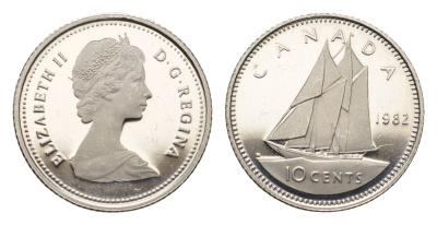 Канада 10 центов 1982 Елизавета II (1952-2022), парусник KM 77 никель PROOF 413-3623