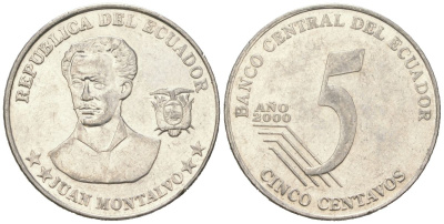 Эквадор 5 сентаво 2000 KM 105 нержавеющая сталь 4401-1111