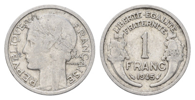 Франция 1 франк 1945 KM 885a алюминий 186-225