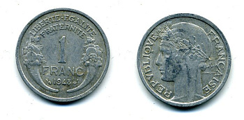 ФРАНЦИЯ 1 ФРАНК 1948 ТИП MORLON, LEGERE KM 885a.1, LE FRANC 221.13 алюминий 37-847