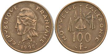 Французская Новая Каледония 100 франков 1998 хижина среди сосен и пальм, (IEOM) KM 15, Schoen 16, Lec 139b никель латунь 4140-1145