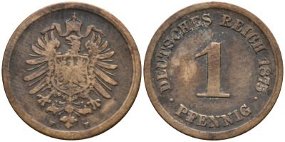 Германия 1 пфенниг 1875 F, старогербовка KM 1 медь 4164-469
