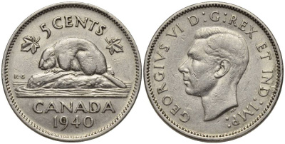 КАНАДА 5 ЦЕНТОВ 1940 БОБЁР, ГЕОРГ VI KM 33 никель 27-514