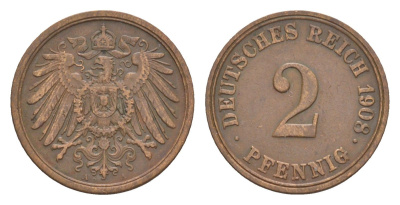 Германия 2 пфеннига 1908 A, Вильгельм II (1888-1918) KM 16, J. 11 медь 4647-851
