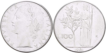ИТАЛИЯ 100 ЛИР 1981 R, АФИНА KM 96.1 нержавеющая сталь 4526-336
