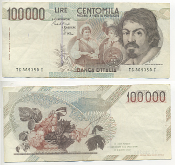 Италия 100000 лир 1983 Караваджо, фруктовый букет, подпись Speziali Pick 110b бумага 7220-32-1