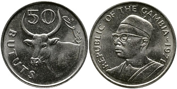 Гамбия 50 бутутов 1971 африканский бык KM 12 медно-никель 00-00
