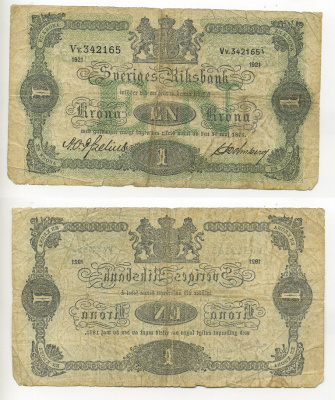 ШВЕЦИЯ 1 КРОНА 1921 Pick 32h бумага XF-VF 8612-44-3-1