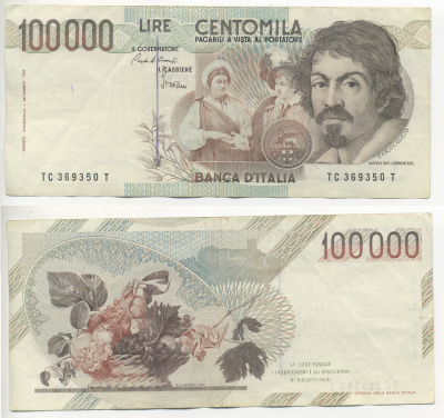 Италия 100000 лир 1983 Караваджо, фруктовый букет, подпись Speziali Pick 110b бумага 7220-32-1