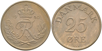 Дания 25 эре 1950 N,S, Фредерик IX (1947-1972) KM 842.1 медно-никель UNC 106-226
