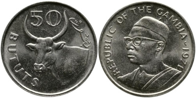 Гамбия 50 бутутов 1971 африканский бык KM 12 медно-никель 00-00