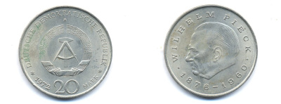 ГДР 20 марок 1972 А, Вильгельм Пик (1876-1960) KM 42 медно-никель 3333-334