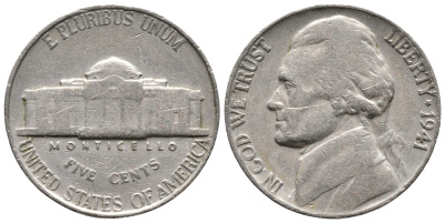США 5 ЦЕНТОВ 1941 ДЖЕФФЕРСОН KM 192 медно-никель 4364-611