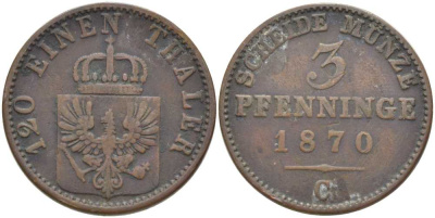 ПРУССИЯ 3 ПФЕННИГА 1870 С, ВИЛЬГЕЛЬМ I (1861-1888) KM 482 медь 117-1124