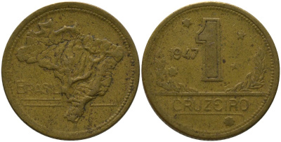 Бразилия 1 крузейро 1947 KM 558 алюминиевая бронза 4577-411