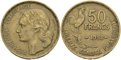Франция 50 франков 1952 B, петух KM 918.1, Le Franc 425.5 алюминиевая бронза 4607-534