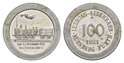 Нюрнберг - Фюрт 100 пфеннигов 1921 юбилейный жетон железной дороги - первый немецкий паровоз алюминий aUNC 4548-354