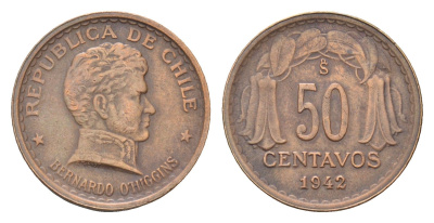 Чили 50 сентаво 1942 год-тип KM 178 медь UNC 4664-115