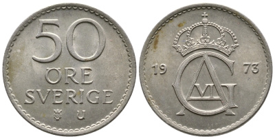 Швеция 50 эре 1973 U, Густав VI Адольф (1950-1973) KM 837 медно-никель UNC 3461-135