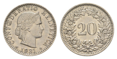 Швейцария 20 раппенов 1931 B KM 29 никель 4625-962