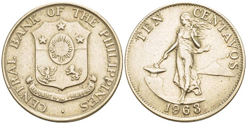 ФИЛИППИНЫ 10 СЕНТАВО 1963 KM 188 медь никель цинк 4544-525