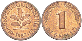 ФРГ 1 ПФЕННИГ 1985 F KM 105, J. 380 сталь плакированная медью 4181-661