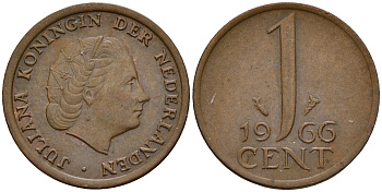 Нидерланды 1 цент 1966 Юлиана (1949-1980) large data KM 180 бронза    4598-245