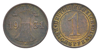 Германия 1 рейхспфенниг 1931 F KM 37, J. 313 бронза 4636-325
