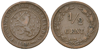 Нидерланды 1/2 цента 1900 Вильгельмина (1890-1948) KM 109 бронза 4174-842