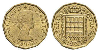 Великобритания 3 пенса 1965 Елизавета II (1952-2022) KM 900, Spink 4153 никель латунь aUNC 4121-711