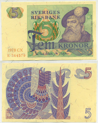 Швеция 5 крон 1978 CX, Густав I Ваза Pick 51d бумага aUNC 444-131-2