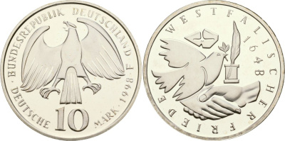 ФРГ 10 марок 1998 D, 350 лет Вестфальскому мирному договору KM 191 серебро PROOF 02-222-35