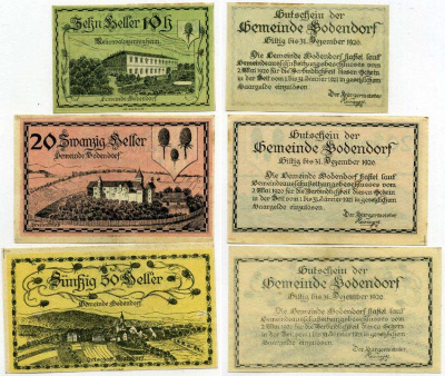 Австрия, Боденсдорф набор из 3 банкнот 10, 20, 50 геллеров 1920 31 декабря 1920, нотгельд 2 мая 1920 - 31 января 1921   бумага  UNC (пресс) 7555-23-2-2