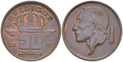 БЕЛЬГИЯ 50 САНТИМОВ 1977 BELGIQUE, БОДУЭН I (1951-1993) KM 148.1 бронза 4532-116