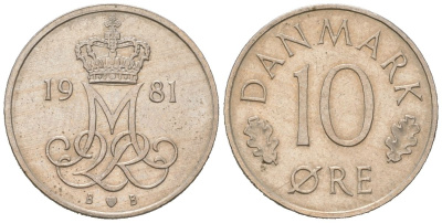 Дания 10 эре 1981 B; S, Маргрете II (1972-) KM 860 медно-никель aUNC 211-344