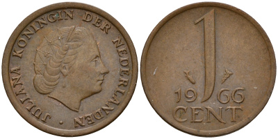 Нидерланды 1 цент 1966 Юлиана (1949-1980) large data KM 180 бронза    4598-245