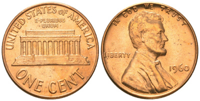 США 1 цент 1960 Линкольн, из ролика KM 201 медь цинк  UNC  M58-18