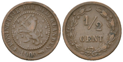 Нидерланды 1/2 цента 1900 Вильгельмина (1890-1948) KM 109 бронза 4174-842