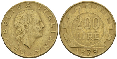 Италия 200 лир 1979 R, шестерня KM 105 алюминиевая бронза 85-512