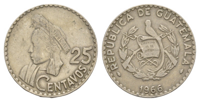 Гватемала 25 сентаво 1966 KM 268 медно-никель 4654-631