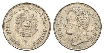 Венесуэла 1 боливар 1990 Симон Боливар, толстый шрифт Y 52a.2 сталь плакированная никелем 4591-543