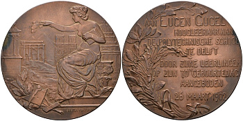 Нидерланды медаль 1902 26 марта 1902, на 70-летие Eugen Gucel, преподавателя технического университета в Дельфте, диаметр 59 мм бронза 1072-3-33