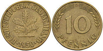ФРГ 10 пфеннигов 1950 D KM 108 сталь плакированная латунью 4126-525