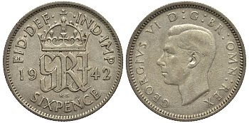 Великобритания 6 пенсов 1942 Георг VI (1936-1952) KM 852, Spink 4084 серебро 4538-517