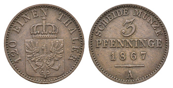Пруссия 3 пфеннига 1867 A, Вильгельм I (1861-1888) KM 482 медь 4122-542