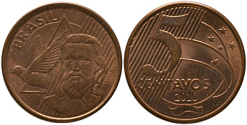 Бразилия 5 сентаво 2010 KM 648, Schon 156 сталь плакированная медью 4523-1231