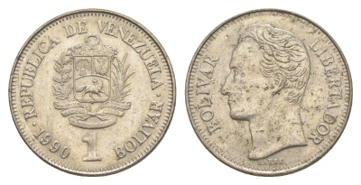 Венесуэла 1 боливар 1990 Симон Боливар, толстый шрифт Y 52a.2 сталь плакированная никелем 4591-543