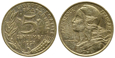 ФРАНЦИЯ 5 САНТИМОВ 1997 ТИП MARIANNE KM 933 медь алюминий никель 93-1326